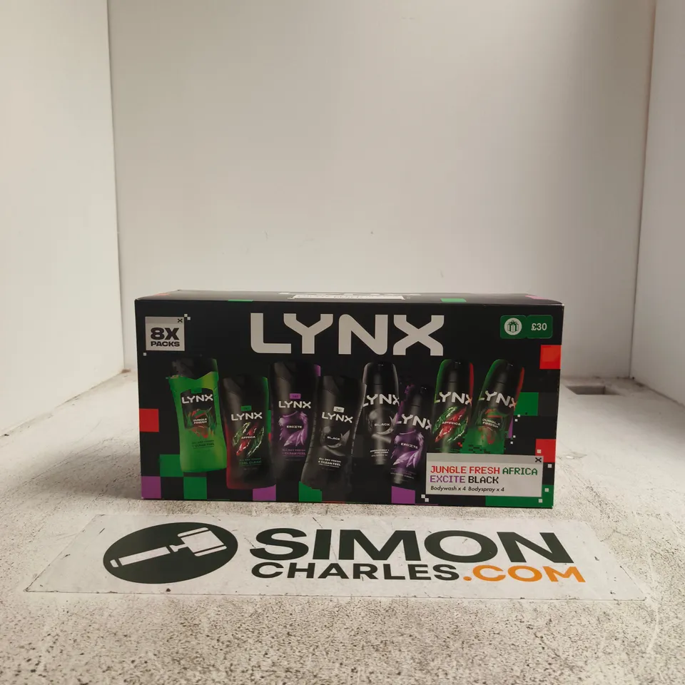 LYNX BODY SPRAY AND BODYWASH SET (JUNGLE FRESH, AFRICA, EXCITE, BLACK) – 4 X 150ML, 4 X 225ML