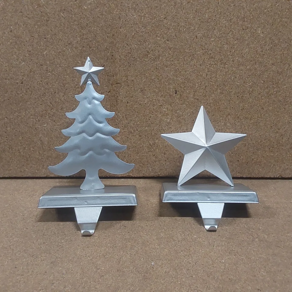 BOXED 2 PACK MATT SILVER CHRISTMAS STOCKING HANGERS - STAR AND TREE