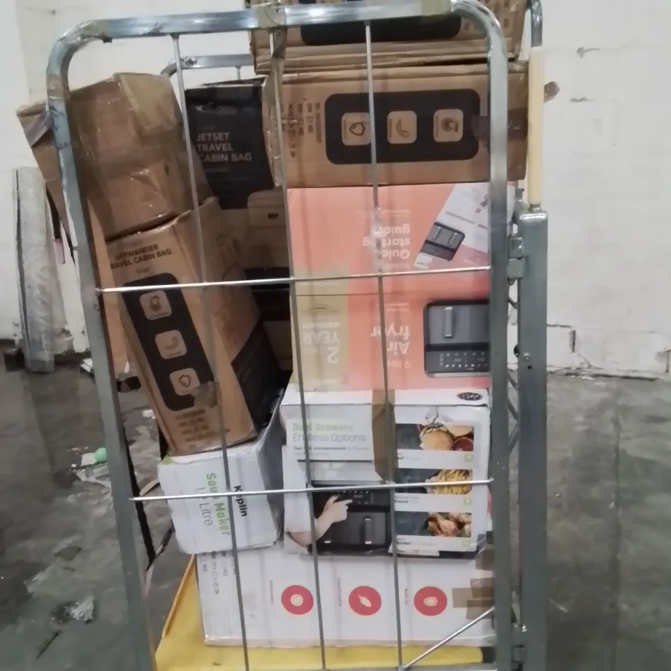CAGE OF ASSORTED HOUSEHOLD GOODS AND PRODUCTS TO INCLUDE;SUITCASES,SOUP MAKER,AIR FRYERS,PLAYPEN,CHILDREN'S CAR SEAT