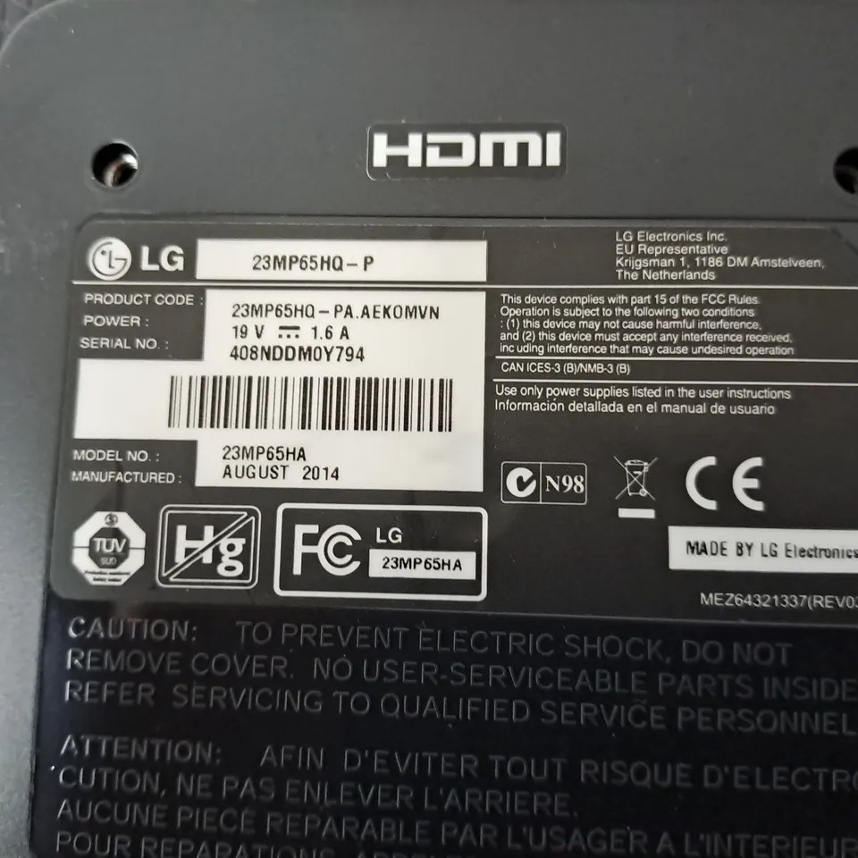 LG 23" MONITOR MODEL 23MP65HQ-P SERIAL #408NDDM0Y794