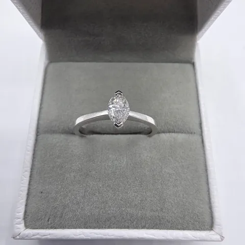 18CT WHITE GOLD SOLITAIRE RING SET WITH A MARQUISE CUT NATURAL DIAMOND