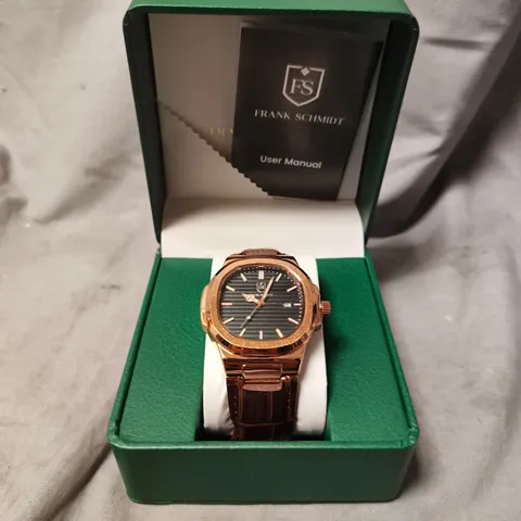 MENS FRANK SCHMIDT WATCH – BLACK TEXTURED DIAL WITH DATE – LEATHER STRAP- MODEL: FSL AMBASSADOR – 3ATM WATER RESISTANT