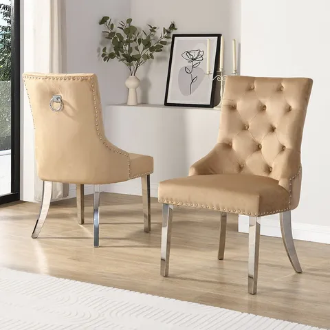 BRAND NEW BOXED SET OF 2 IMPERIAL BEIGE VELVET BUTTON BACK DINING CHAIRS (1 BOX)