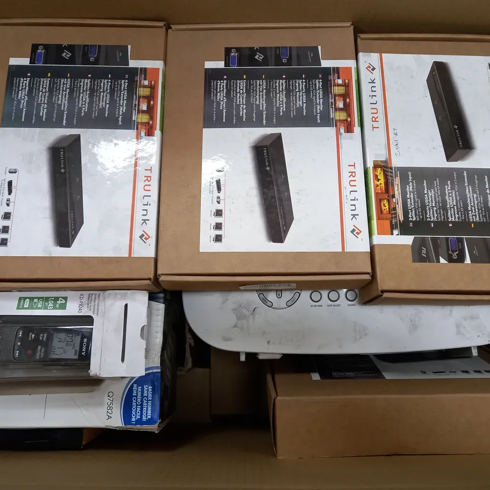 LARGE BOX OF ASSORTED ELECTRICAL ITEMS TOO INCLUDE PROJECTORS , LASER JETS AND MONITOR SPLITTERS , ETC - COLLECTION ONLY 