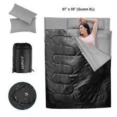 BOXED DOUBLE 2 PERSON SLEEPING BAG WATERPROOF W/ 2 PILLOWS CAMPING QUEEN SIZE XL - BLACK