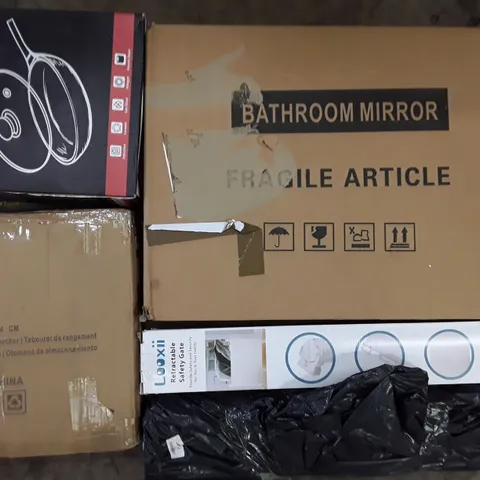 PALLET TO CONTAIN AN ASSORTMENT OF HOUSEHOLD ITEMS TO INCLUDE BATHROOM MIRROR, WOK PANS, BABY GATE AND OTTOMAN STORAGE BOX ECT