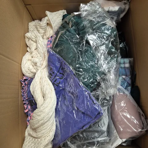 LARGE BOX OF APPROXIMATELY 25 ASSORTED CLOTHING ITEMS IN VARIOUS COLOURS, STYLES AND SIZES - COLLECTION ONLY