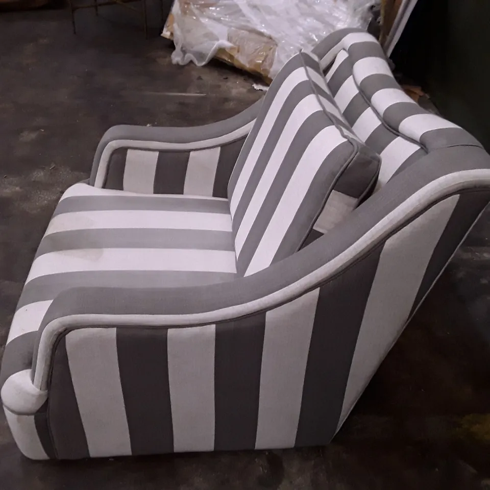 QUALITY DESIGNER ARMCHAIR - STRIPED WHITE/GREY FABRIC