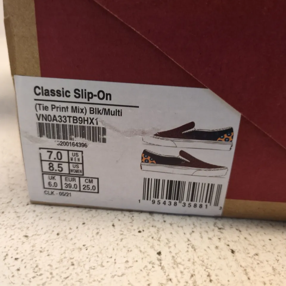 BOXED PAIR OF VANS CLASSIC SLIP-ON SHOES – TIE PRINT MIX, PINK/BLACK/YELLOW MULTI, WOMEN UK6