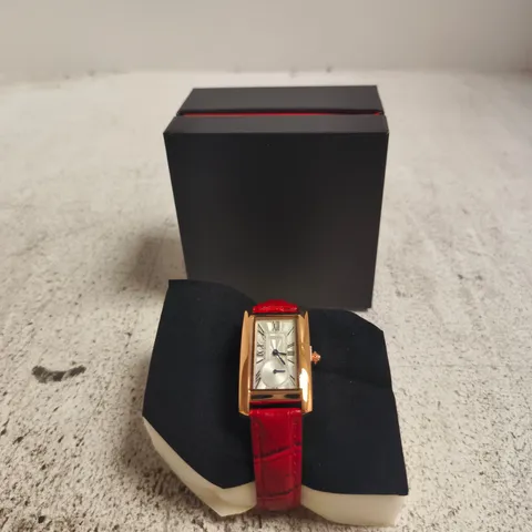 STOCKWELL RECTANGULAR DRESS WATCH WITH RED LEATHER STRAP β GOLD-TONE CASE