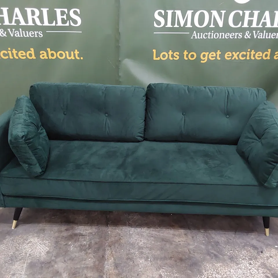 DESIGNER THREE SEATER SOFA GREEN PLUSH FABRIC 