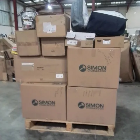 PALLET OF ASSORTED HOUSEHOLD GOODS AND PRODUCTS TO INCLUDE;PLATES,LADY SHAVER,COATS,CLOTHES,MATTRESS TOPPER,CHANDELIER,CARPET CLEANER,KETTLE 