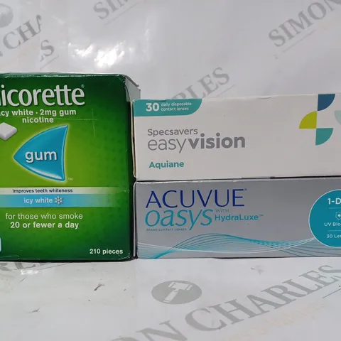 APPROXIMATELY 20 ASSORTED HOUSEHOLD ITEMS TO INCLUDE NICORETTE ICY WHITE GUM, EASYVISION CONTACT LENSES, ETC