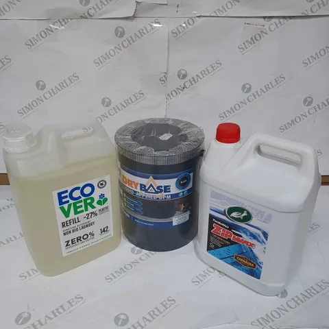 TUB OF 3 ITEMS TO INCLUE DRY BASE LIQUID-APPLIED DPM, ECOVER SENSITIVE DETERGENT, ZIPWAX CARWASH AND WAX