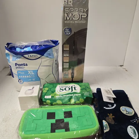 BOX OF APPROXIMATLY 15 ASSORTED ITEMS INCLUDING TENA PANTS, A SPRAY MOP AND SOME TISSUES