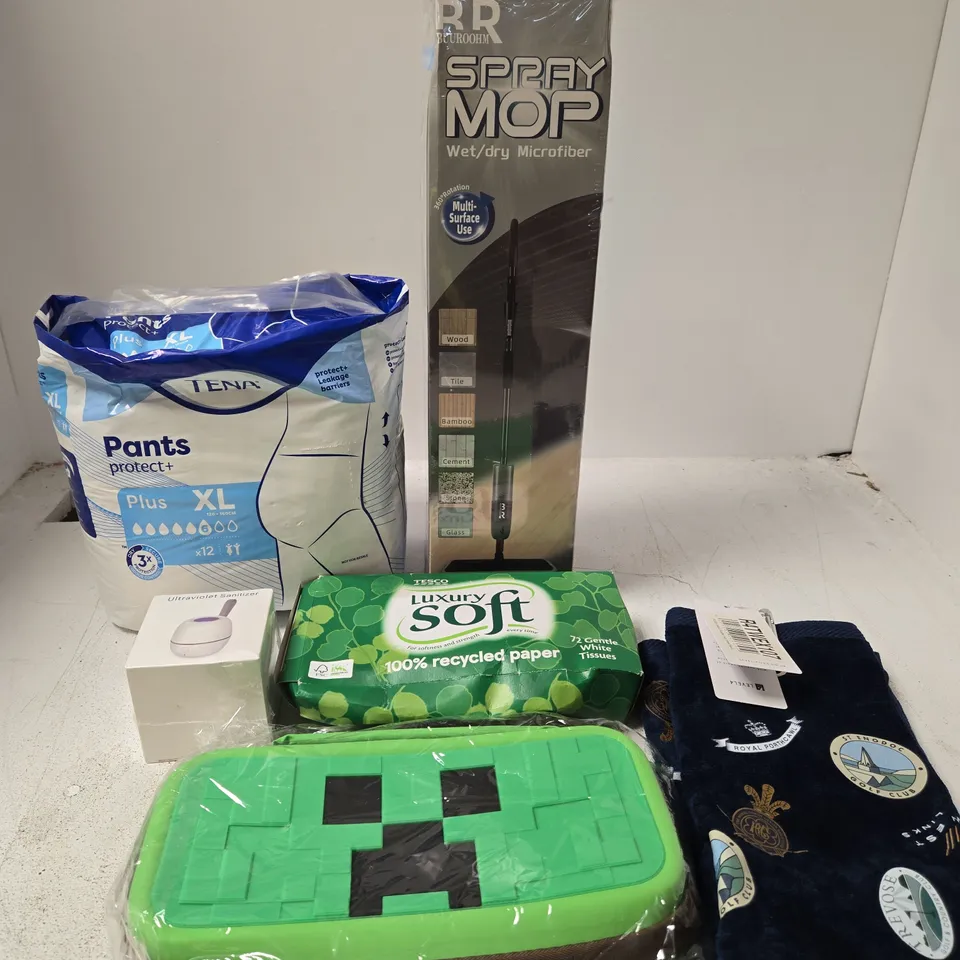 BOX OF APPROXIMATLY 15 ASSORTED ITEMS INCLUDING TENA PANTS, A SPRAY MOP AND SOME TISSUES