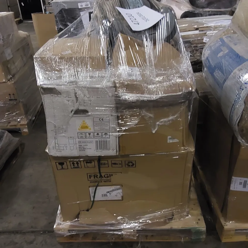 PALLET TO CONTAIN ASSORTED HOUSEHOLD ITEMS. INCLUDING TOILET SEAT, TOILET BASIN, BABY CAR SEAT, BATHROOM UNITS ETC