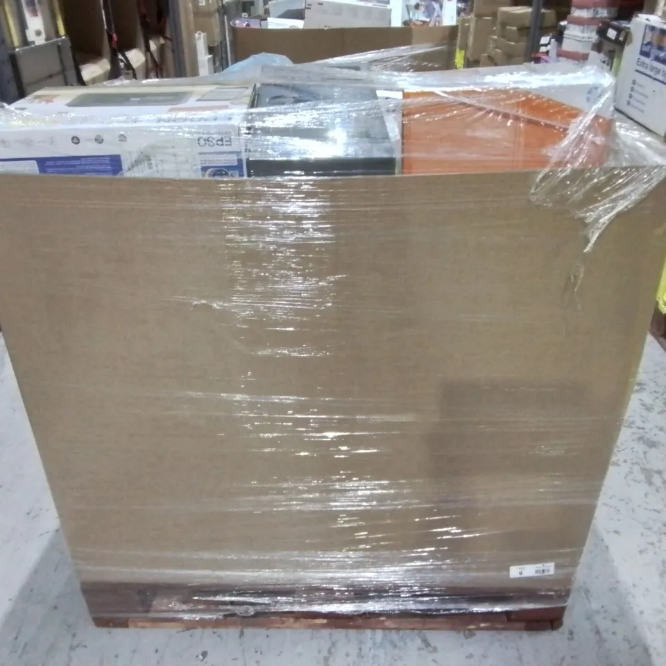 PALLET CONTAINING A LARGE QUANTITY OF ASSORTED TECH ITEMS TO INCLUDE HP 2710E PRINTER, UNIVERSAL TV MOUNT AND TAPO WI-FI CAMERA