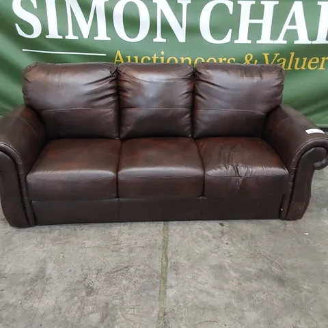 DESIGNER SCROLL ARM 3 SEATER LEATHER SOFA IN CHESTNUT LEATHER