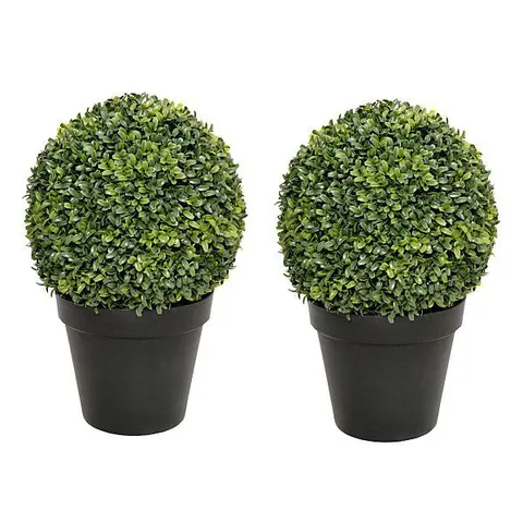 BOXED 2 x ARTIFICIAL PREMIUM QUALITY TOPIARY BOXWOOD BALL PLANTS IN BLACK POTS FOR INDOOR OUTDOOR DECOR, UV STABLE