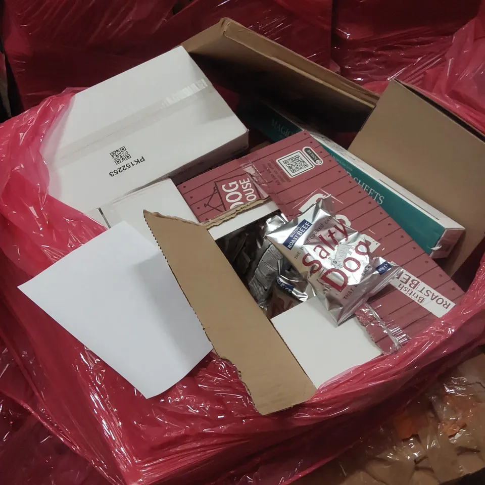 PALLET TO CONTAIN AN ASSORTMENT OF HOUSEHOLD ITEMS TO INCLUDE; BOXES OF SALTY DOG CRISPS, SPLIT TYPE ELECTRIC POT, COAT HANGERS, BOXED FURNITURE ETC