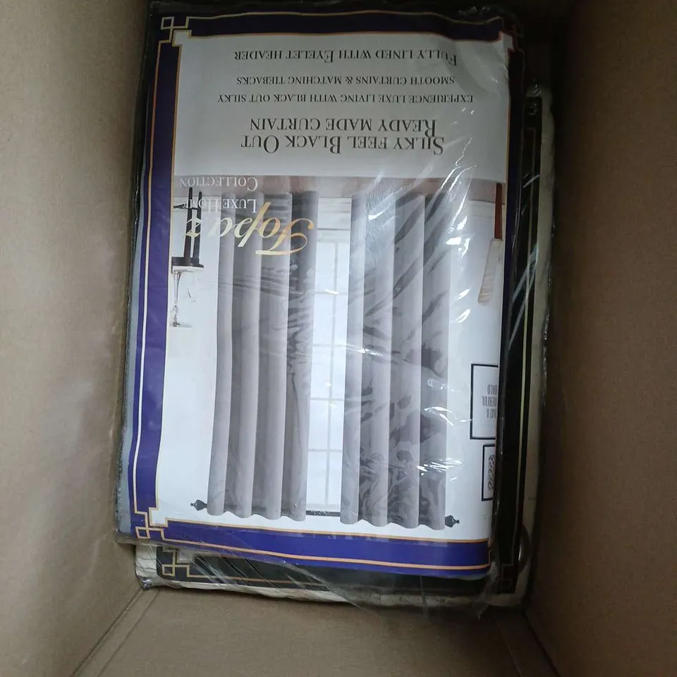 BOX OF APPROXIMATELY 6 TOPAZ BLACKOUT EYELET CURTAINS IN ASSORTED COLOURS TO INCLUDE - BEIGE - GREY - BROWN