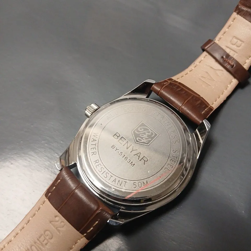BENYAR BY-5163M ALL SOLID STAINLESS STEEL SILVER DIAL WATCH WITH BROWN STRAP