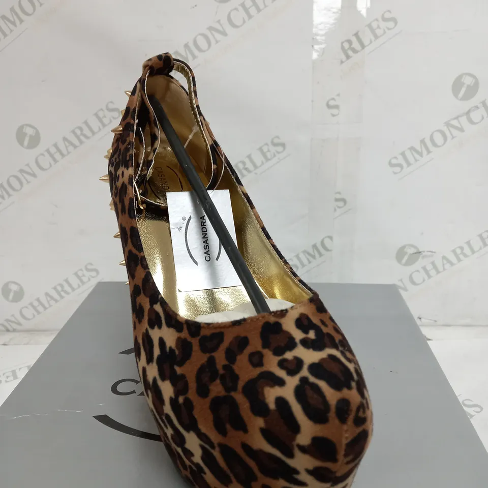 BOX OF 12 CASANDRA LEOPARD SUEDE HIGH HEELED SHOES 