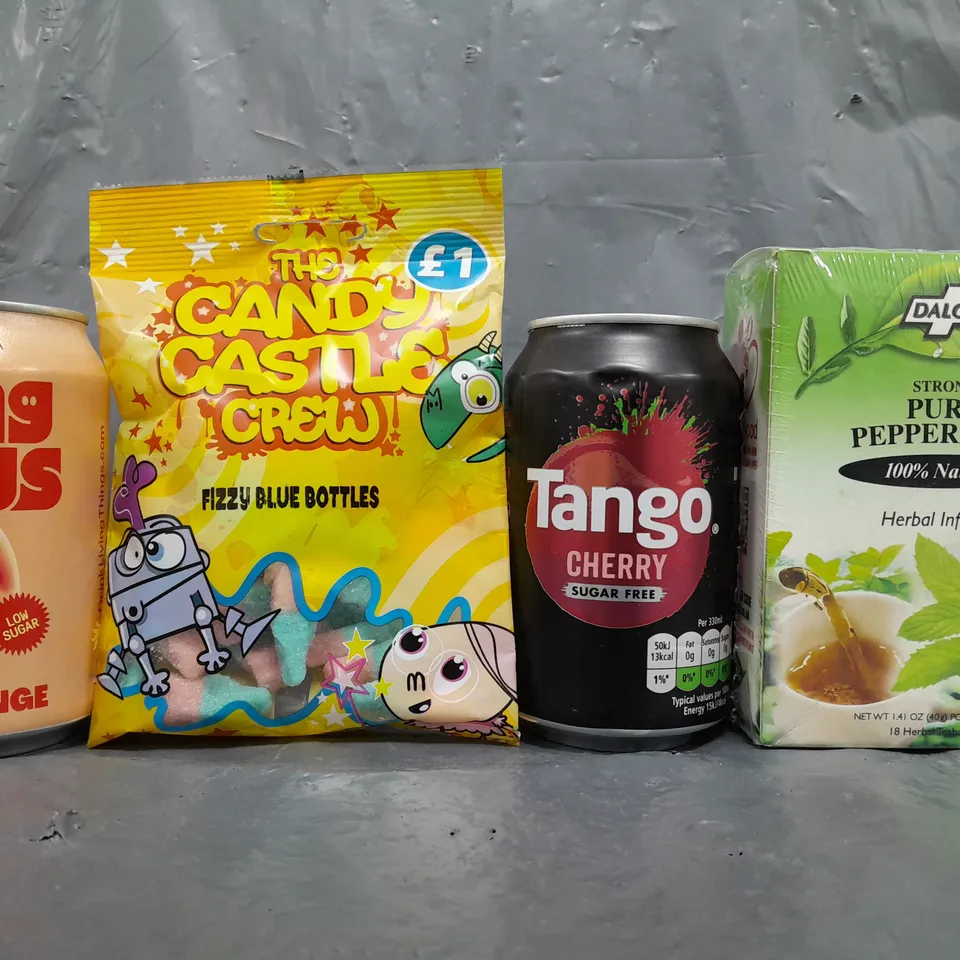 APPROXIMATELY 10 ASSORTED FOOD/DRINK PRODUCTS TO INCLUDE TANGO, FIZZY BLUE BOTTLES, HERBAL TEA, ETC