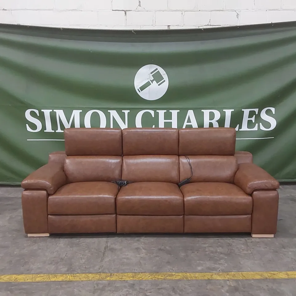 QUALITY DESIGNER ITALIAN MADE RICCARDO 3 SEATER ELECTRIC RECLINING LEATHER SOFA - BRANDY