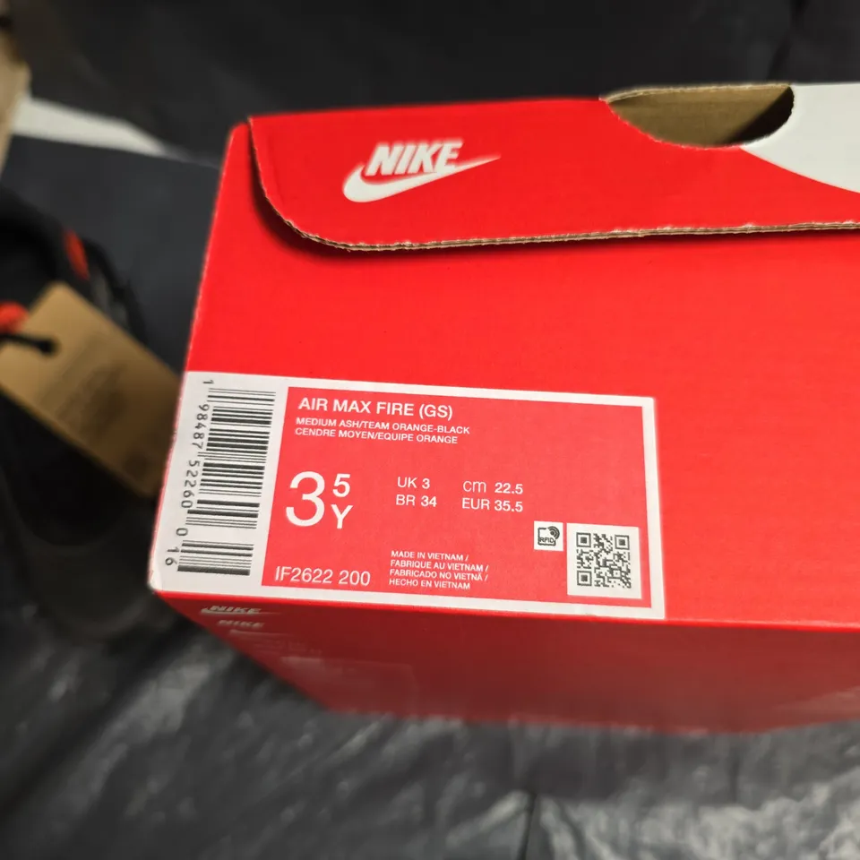 NIKE AIR MAX FIRE (GS) KIDS' SNEAKERS – BLACK/GREY WITH ORANGE ACCENTS – UK 3