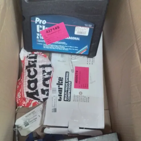 MIXED BOX OF TOOLS TO INCLUDE: CLARKE HEXAGONAL 16 BIT SET, METAL VICE CLAMP, MULTI VALVE SPRING COMPRESSOR