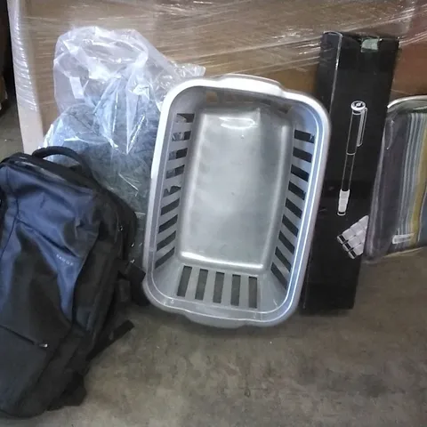 PALLET OF ASSORTED ITEMS INCLUDING TRIPOD, CAMPING FOLDABLE SEAT, BANGE BACKPACK, PLASTIC BASKET, SOFT GREY BLANKET