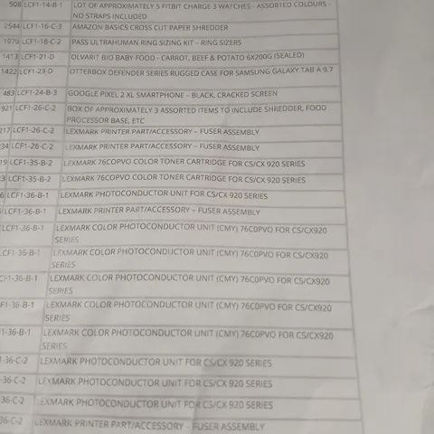 CAGE OF APPROXIMATELY 20 ASSORTED PRODUCTS TO INCLUDE; GOOGLE PIXEL 3A MOBILE, GUILDHALL SQUARE CUT FOLDERS AND LEXMARK PHOTOCONDUCTOR UNIT