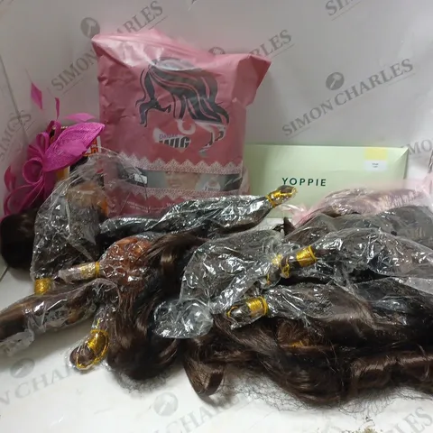 APPROXIMATELY 10 ASSORTED HAIR & COSMETICS ITEMS TO INCLUDE HAIR EXTENSIONS, CURA-HEAT PAIN RELIEF PATCHES, WIG CAP, ETC
