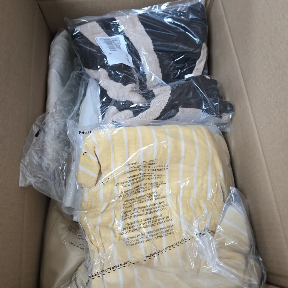 BOX OF ASSORTED CLOTHING ITEMS IN VARIOUS COLOURS, STYLES AND SIZES