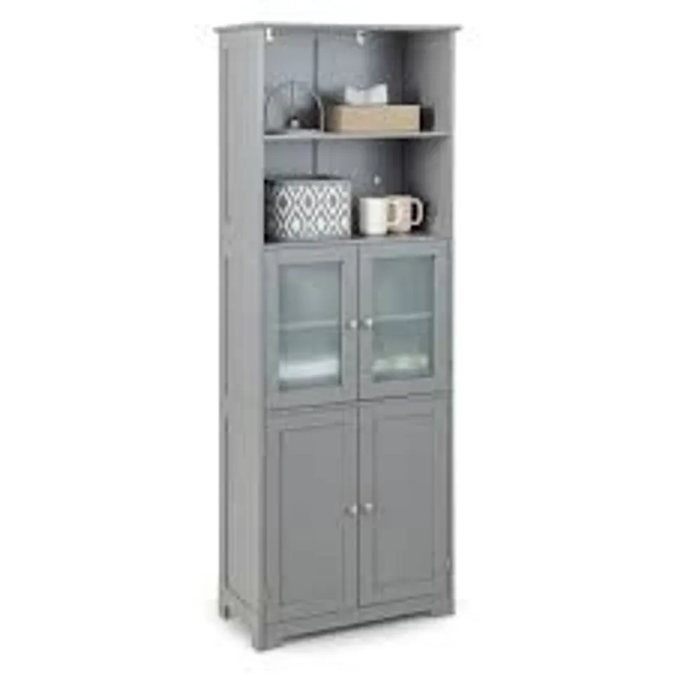 BOXED COSTWAY 6-TIER FREESTANDING BATHROOM CABINET WITH 2 OPEN COMPARTMENTS & ADJUSTABLE SHELVES - GREY