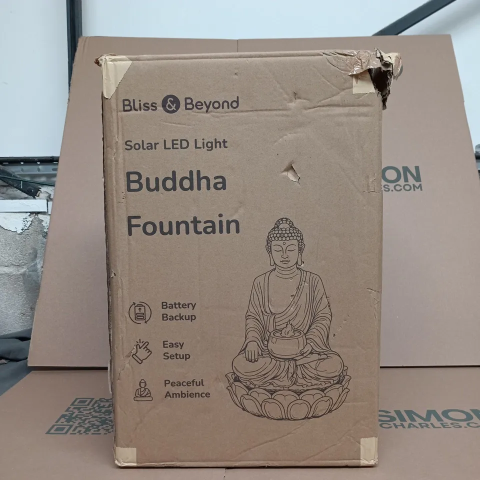 BLISS AND BEYOND SOLAR LED LIGHT BUDDHA FOUNTAIN BOXED