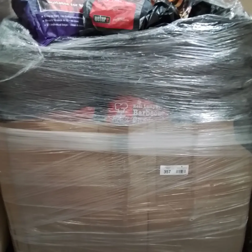 PALLET CONTAINING LARGE QUANTITY OF BRAND NEW MIXED CHARCOAL BRIQUETTE BAGS ETC.