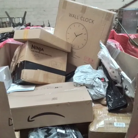 PALLET CONTAINING VARIOUS ASSORTED HOUSEHOLD ITEMS TO INCLUDE: CHILDREN'S PLAY MAT, AIR FRYER, WALL CLOCK,SPORTS BAGS AND LOTS MORE UNMARKED BOXED ITEMS 