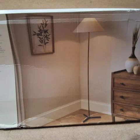 BOXED DUNELM DIGBY TRIPOD FLOOR LAMP – BRASS-COLOURED STAND WITH NATURAL SHADE