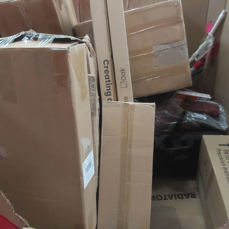 PALLET OF ASSORTED ITEMS INCLUDING: ELECTRIC FRYER, RADIATOR, ELECTRIC FIREPLACE, A4 DIE CUTTING AND EMBOSSING MACHINS, DOG CRATE ECT