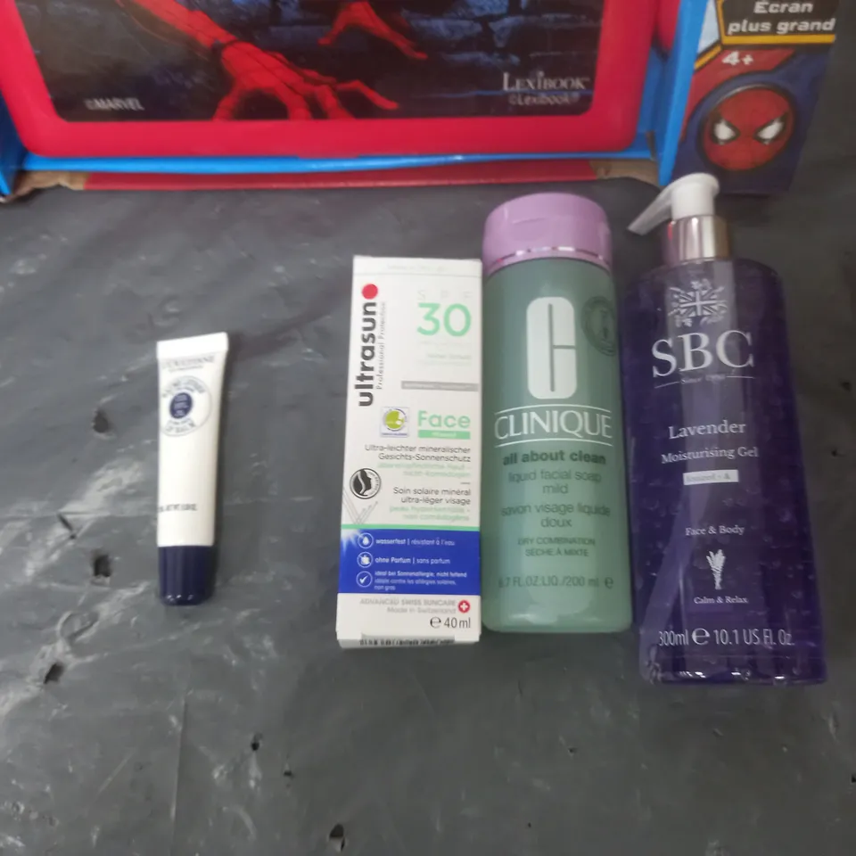 8 ASSORTED COSMETICS AND HOUSEHOLD ITEMS TO INCLUDE POWER PUPPY, BILINGUAL EDUCATION LAPTOP, AND CLINIQUE ALL ABOUT CLEAN ETC. 