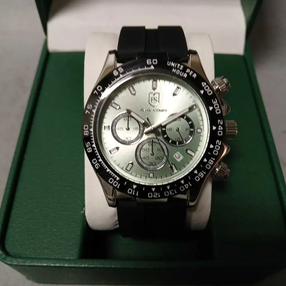 BOXED FRANK SCHMIDT WATCH WITH MULTI FUNCTION SUB DIALS WITH DATE 