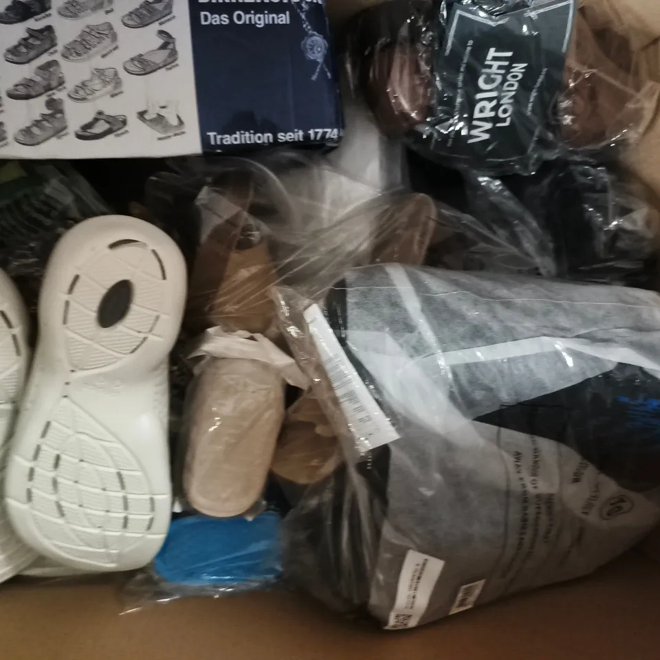 BOX OF APPROXIMATELY 10 ASSORTED PAIRS OF SHOES AND FOOTWEAR ITEMS IN VARIOUS COLOURS, STYLES, AND SIZES - COLLECTION ONLY