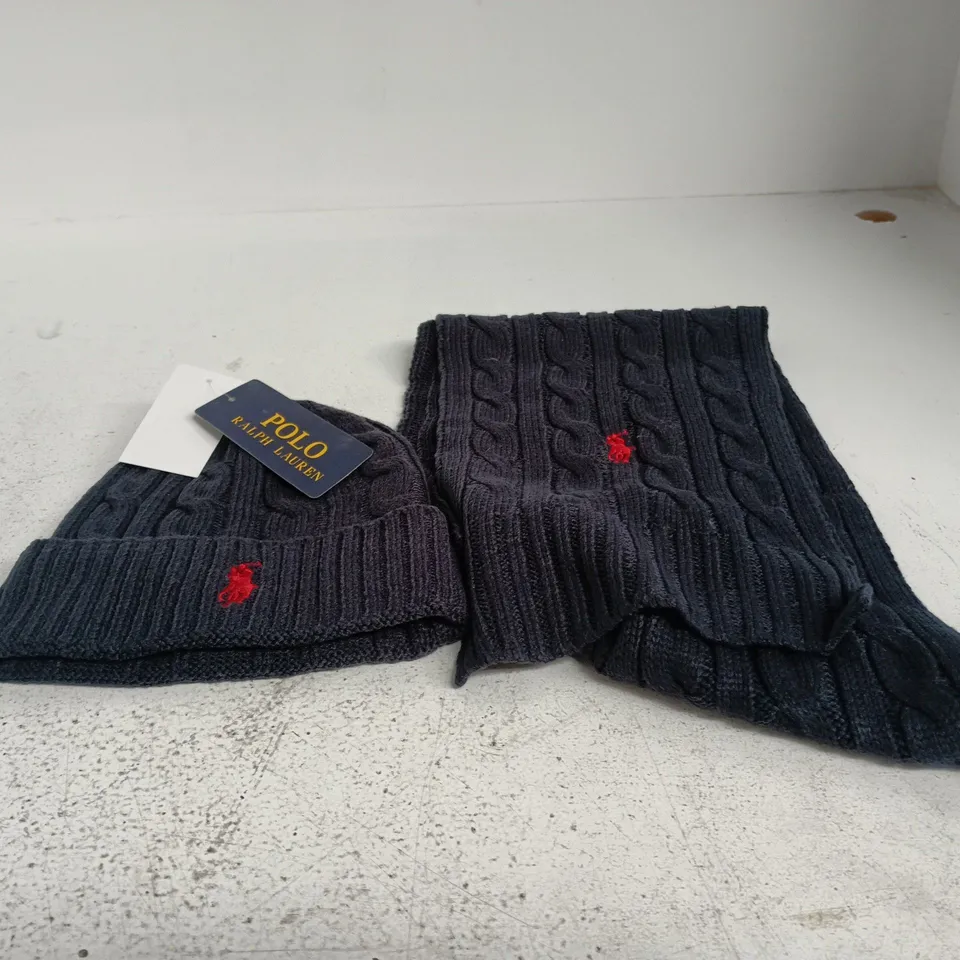 POLO RALPH LAUREN NAVY CABLE-KNIT SCARF & BEANIE SET
