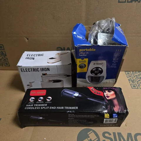 APPROXIMATELY 10 ASSORTED ELECTRICAL ITEMS TO INCLUDE HAIR TRIMMER, IRON, PLUG IN HEATER ETC