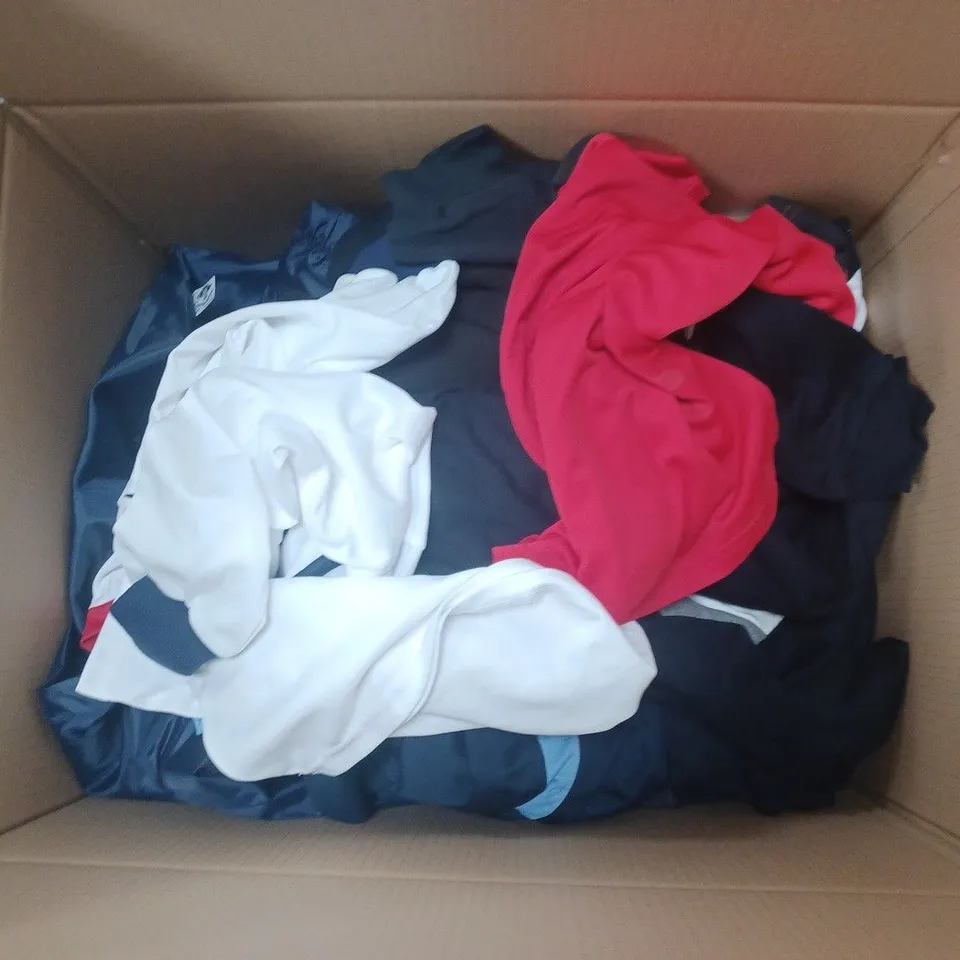 LARGE BOX OF ASSORTED SPORTS CLOTHING ITEMS IN VARIOUS SIZES, COLOURS AND STYLES