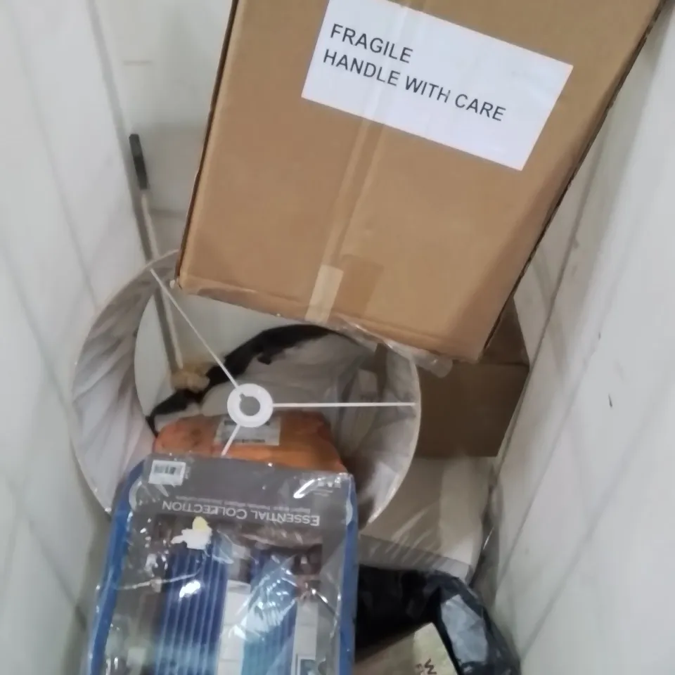 CAGE OF ASSORTED HOUSEHOLD GOODS AND PRODUCTS TO INCLUDE;OIL&VINEGAR SET,PICTURE CANVAS,CURTAINS 