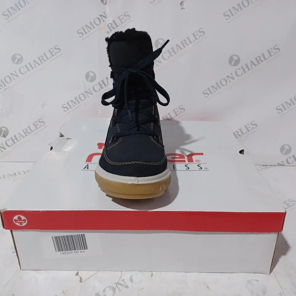 BOXED PAIR OF RIEKER WATER RESISTANT WARM HIKER BOOTS, NAVY -  SIZE 4